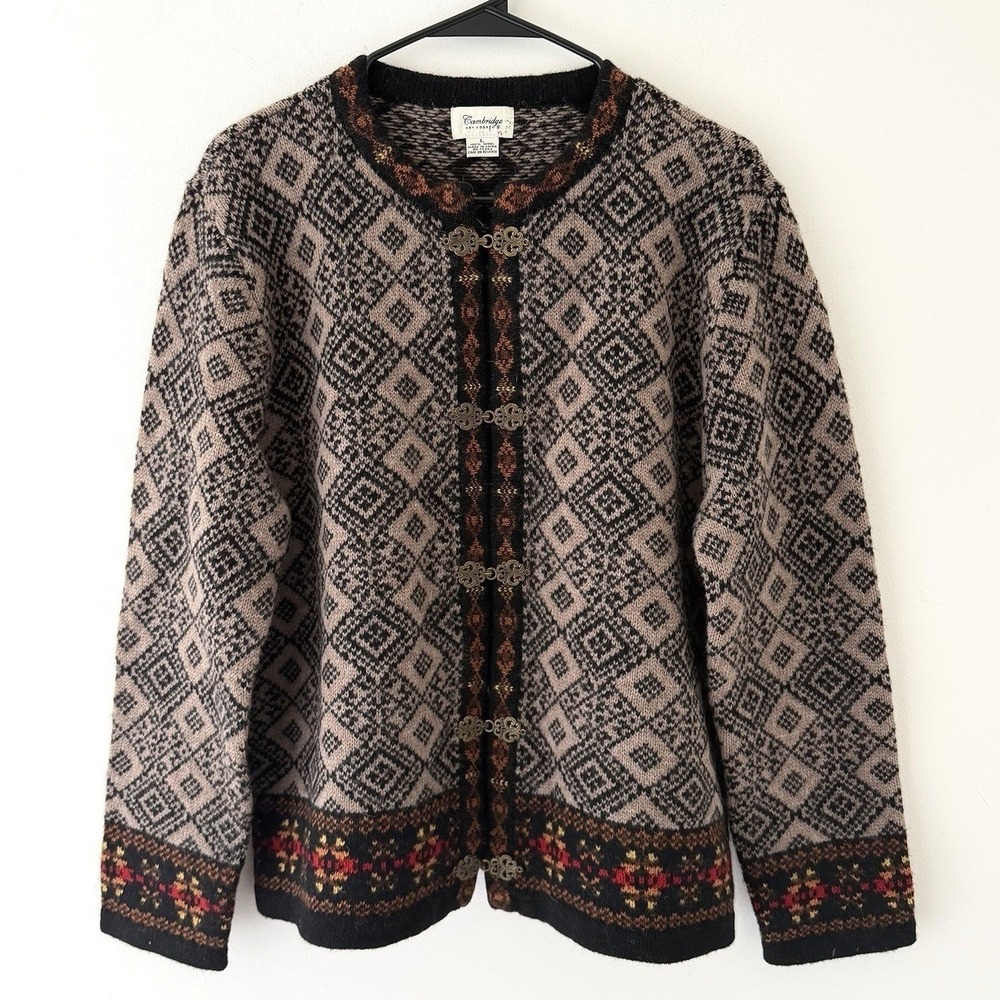 Cambridge Dry Goods 100% Wool Fair Isle Cardigan L Nordic Metal Clasp Vintage